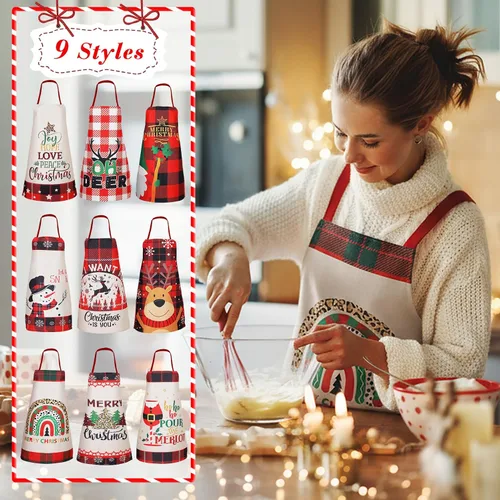 Miniatura 2 de Suhine 9 delantales de Navidad a cuadros rojos y negros para mujeres y hombres, árbol de Navidad, muñeco de nieve, vacaciones, cocina, hornear