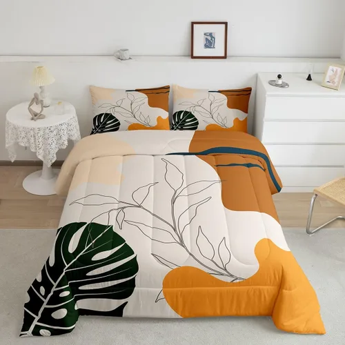 Miniatura 9 de Juego de ropa de cama tamaño King con diseño de hojas bohemias para niñas, niños, adolescentes y mujeres, abstracto, exótico, geométrico, moderno
