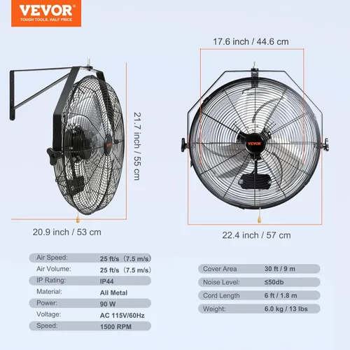 Miniatura 7 de VEVOR Ventilador de montaje en pared de 18 pulgadas, ventilador impermeable IP44 de 3 velocidades, máx. 4150 CFM montado en la pared