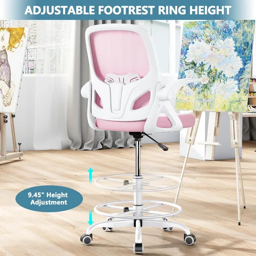 Miniatura 6 de Kensaker Silla de Dibujo Alta con Anillo Reposapiés para el Hogar y el Trabajo, Silla Ergonómica de Escritorio de Oficina para el Hogar con Brazos
