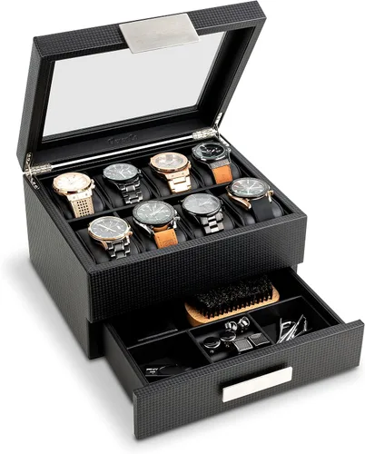 Glenor Co Caja de reloj con cajón de valet para hombres, organizador de exhibición de lujo de 8 ranuras, diseño de fibra de carbono, hebilla de