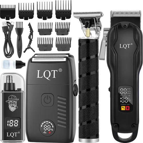 Men's Hair Clippers & Trimmer Kit, 4-in-1 Electric Shaver Set with LED Display, Waterproof Body Groomer, Nose Trimmer & T-Blade for Bald Head, Full