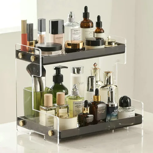SHUNLI Organizador de acrílico para encimera de baño, estante de almacenamiento de 2 niveles, organizador de baño, soporte de cosméticos (negro y