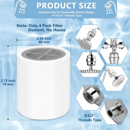 Miniatura 2 de Paquete de 4 filtros de cabezal de ducha de 20 etapas, cartucho de filtro de ducha de repuesto para agua dura, universalmente compatible