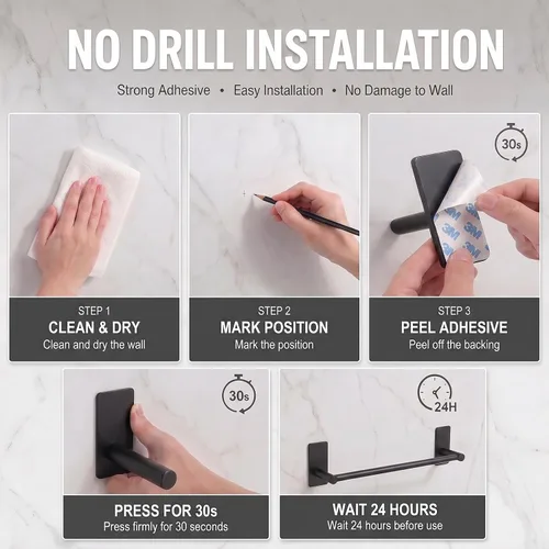 Miniatura 4 de Barra de Toalla Adhesiva Negra de 9 Pulgadas, Soporte de Toalla de Baño Adhesivo, Soportes de Toalla de Mano, Sin Perforación en la Pared - Negro