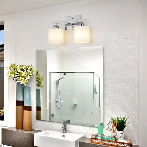 Miniatura 6 de Mecgirn Luces de tocador de vidrio de leche de acero inoxidable para baño, 2 lámparas cromadas de baño sobre espejo, enchufes E26 de cerámica Cromo