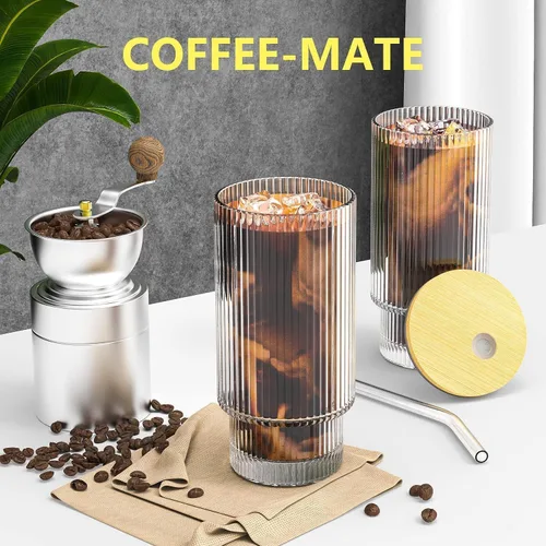 Miniatura 6 de CWHHRN Juego de 4 tazas de vidrio acanalado de 16 onzas con tapas y pajitas, cristalería vintage para whisky, cóctel, cerveza, tazas de café helado