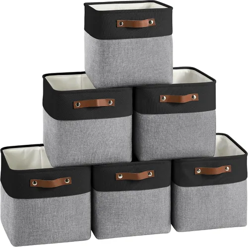 FinishingBo Paquete de 6 cestas de almacenamiento en forma de cubo, cubos de almacenamiento de 11 x 11 pulgadas con asas de cuero para estante y