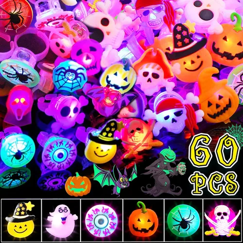 60 recuerdos de fiesta de Halloween para niños, anillos y tatuajes iluminados, 50 anillos intermitentes LED y 10 tatuajes luminosos, rellenos de