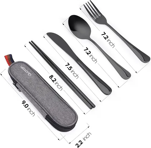 Miniatura 7 de Quatish - Utensilios de viaje con estuche, juego de cubiertos portátiles para el trabajo, juego de cubiertos de viaje reutilizables de acero Negro