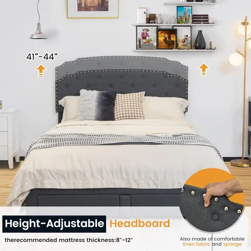 Miniatura 4 de Giantex Base de cama tapizada, cama de tamaño matrimonial con 4 cajones de almacenamiento y cabecera ajustable con botones, soporte de listones