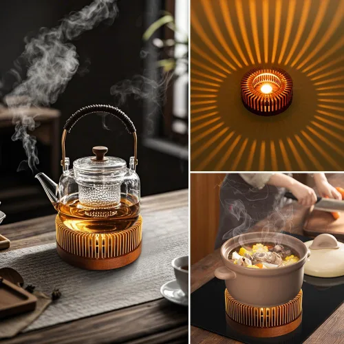 Miniatura 2 de Calderín de tetera, calentador de té de aluminio con base de madera, calentador de vela para calentar té, café, leche, alimentos, camping y viajes
