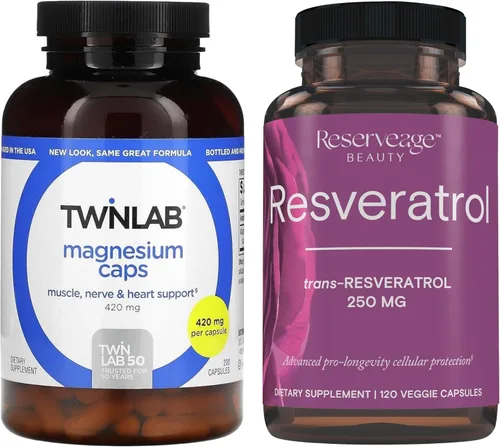 Twinlab Cápsulas de magnesio - para aliviar el estrés, 420 mg, 200 unidades, 1 paquete y Reserveage Beauty, Resveratrol 250 mg, Paleo, Keto, 120