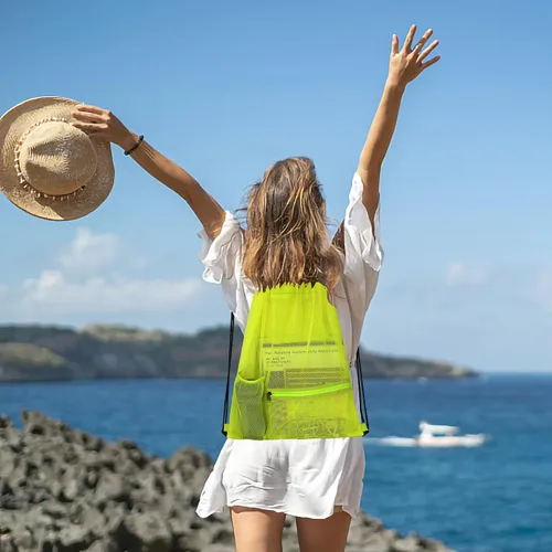 Miniatura 5 de Bolsa de malla con cordón resistente, mochila de gimnasio con soporte para botellas para bolas, natación, juguetes de playa, Amarillo claro, Deportes