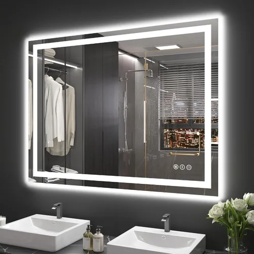 Miniatura 48 de Snowdool Espejo LED de baño, 32 x 32 pulgadas con luz frontal y retroiluminada, antivaho, espejo de tocador de baño para pared, función de memoria