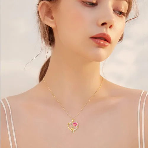 Miniatura 15 de Collar de flor de nacimiento de oro real de 14 quilates para mujer, oro amarillo creado moissanita con colgante de corazón, collares