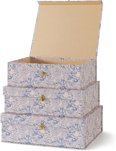 Miniatura 2 de Soul & Lane Cajas de Almacenamiento Decorativas de Cartón Floral Azul y Blanco con Herrajes Dorados - Juego de 3, Jardín Aviario - Cajas Apilables