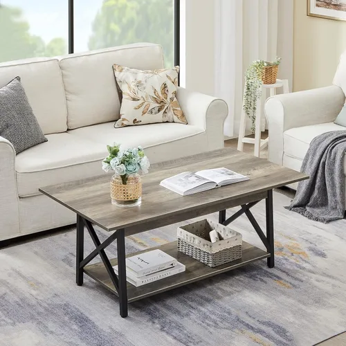 Miniatura 2 de Mesa de café GreenForest con almacenamiento, mesas de centro modernas de 2 niveles de 39 pulgadas para sala de estar, mesa de centro de diseño Gris