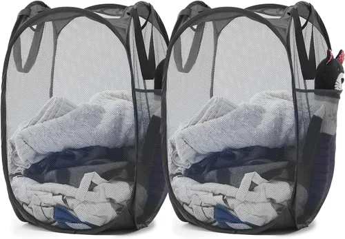 Miniatura 39 de TECHMILLY Cesta plegable de malla para la ropa sucia con asas resistentes y bolsillo lateral, cestas plegables portátiles para ropa para dormitorio