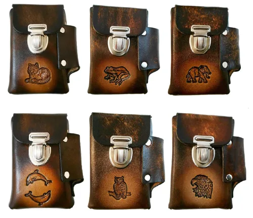 Miniatura 4 de Estuche de cigarrillos de cuero hecho a mano, bolsillo para encendedor, muchos diseños repujados