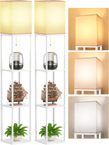 Lámpara de pie con estantes para sala de estar, paquete de 2, lámpara de pie con 3 bombillas LED CCT, lámpara de columna de pie, organizador
