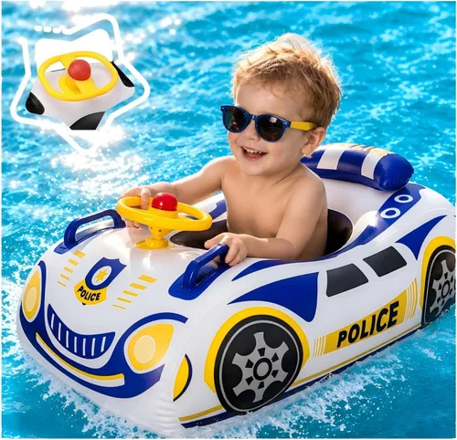 Flotador de piscina 3D para automóvil de policía para niños, flotadores inflables para piscina para bebés, flotador de natación para bebés con mango