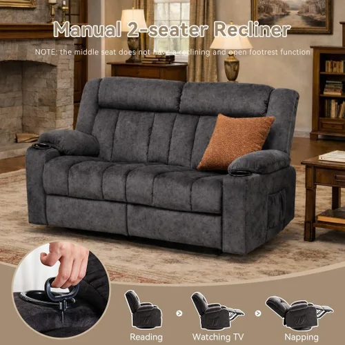 Miniatura 5 de LUCKLIFE Juegos de muebles de sala de estar, sofá reclinable manual, sillón reclinable de 2 asientos, tapicería de tela de aire transpirable