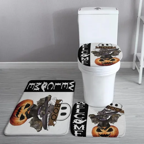 Miniatura 4 de Juego de 3 tapetes de baño de Halloween de bienvenida, diseño de fantasma, boo, gato, bruja, murciélago, calabaza, juego de alfombrillas de baño