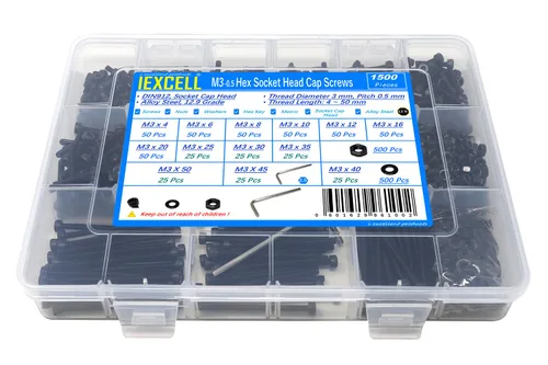 iexcell Juego de 1500 piezas de tornillos de cabeza hexagonal de grado 12.9 M3 x 4/6/8/10/12/16/20/25/30/35/40/45/50 de grado 12.9 con acabado de