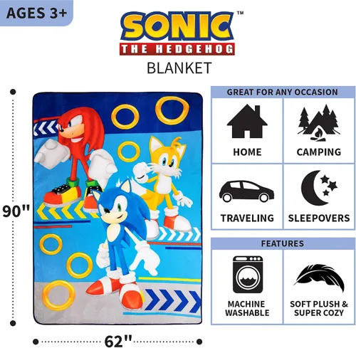 Miniatura 3 de Franco Ropa de cama para niños, manta de felpa súper suave, 62 x 90 pulgadas, Sonic The Hedgehog Sonic el erizo