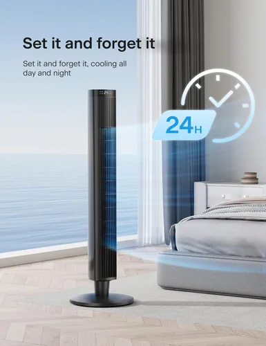 Miniatura 6 de PELONIS - Ventilador de torre de 42 pulgadas para dormitorio – 26 pies/s, ventilador de torre oscilante de 90° con control remoto, pantalla LED