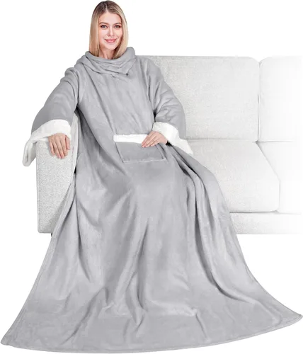 Miniatura 20 de PAVILIA Manta de forro polar con mangas para mujeres y hombres adultos, manta portátil cálida y suave, acogedora con bolsillo para abrazarse, manta