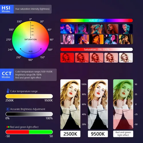 Miniatura 5 de Varita de luz LED RGB con soporte, QEUOOIY 360° a todo color 2500-9500K iluminación portátil de fotografía de estudio, batería recargable de 5000