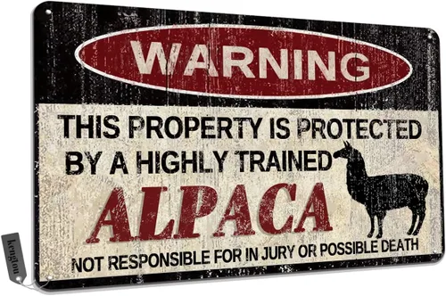 Letrero de metal vintage de alpaca con advertencia "Esta propiedad está protegida por alpacas altamente entrenadas", letrero de patio para