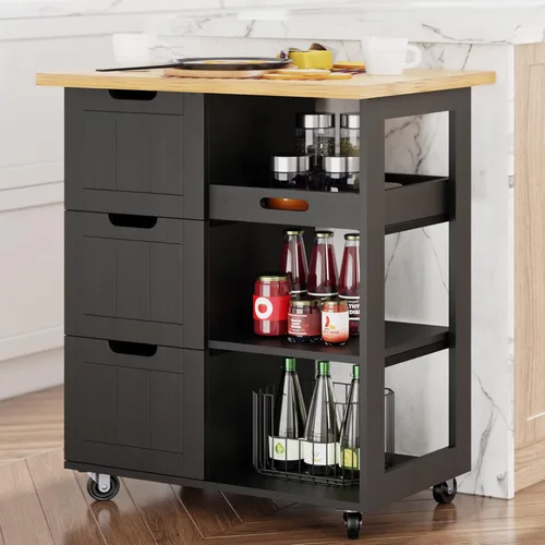 Miniatura 8 de Shintenchi Isla de cocina con hoja plegable, mesa de isla enrollable con almacenamiento, armario de cocina con ruedas con área de asiento