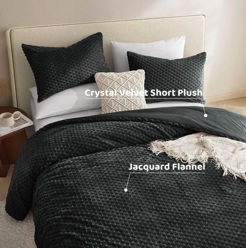 Miniatura 4 de Petrichor Juego de edredón esponjoso tamaño individual, edredón grueso de franela negra ultrasuave para cama Queen, juego de ropa de cama cálido
