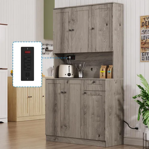 Furnify Armario de despensa de 71 pulgadas de alto con estación de carga, armario alto de almacenamiento de despensa de cocina con soporte para Negro