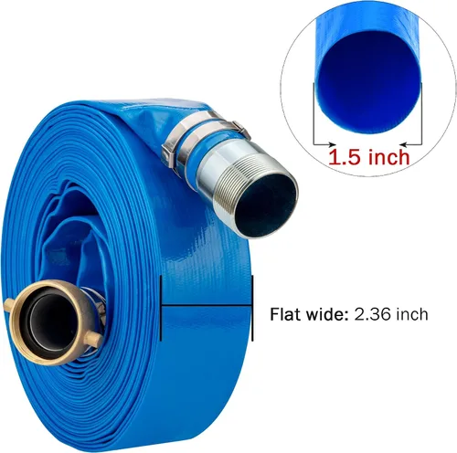 Miniatura 2 de Manguera de descarga plana de PVC de 1.5 pulgadas de diámetro interior x 100 pies con orejeta de pasador NPT y accesorios de pezón KC, mangueras