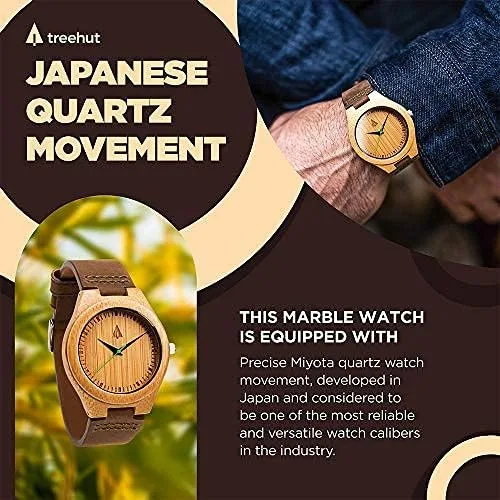 Miniatura 7 de Treehut - Reloj de pulsera analógico para hombres, de madera con correa de piel auténtica, estilo elegante.