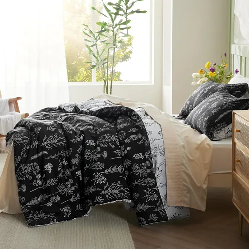 Miniatura 4 de Bedsure Juego de edredón de tamaño King, color negro, lindo, floral, regalo para mujer, 3 piezas, 1 suave edredón reversible con flores y 2 fundas