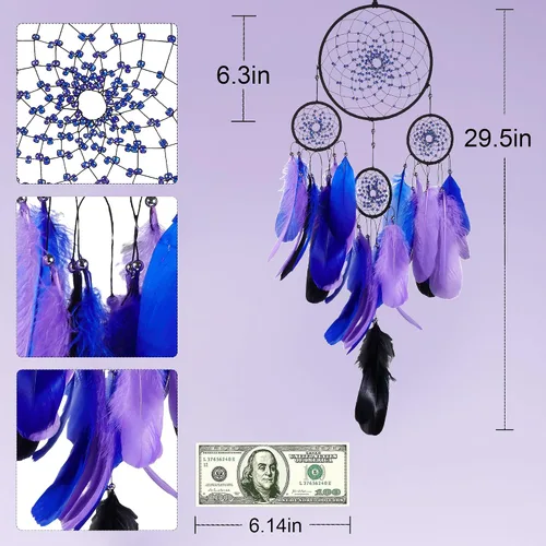 Miniatura 6 de Atrapasueños de color azul estrellado, plumas de ganso con multianillo, hecho a mano, gran atrapasueños para dormitorio, atrapasueños para niñas