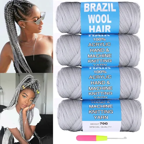 Miniatura 14 de COOKOO 2 rollos de hilo de lana brasileña color negro natural para cabello trenzado de ganchillo, trenzas, torsión, urdimbres, torsión senegalesa