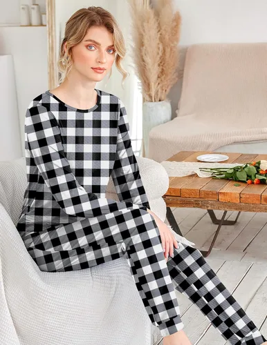 Miniatura 263 de Ekouaer Conjunto de pijama de manga larga para mujer, ropa de dormir suave con cuello redondo y bolsillos
