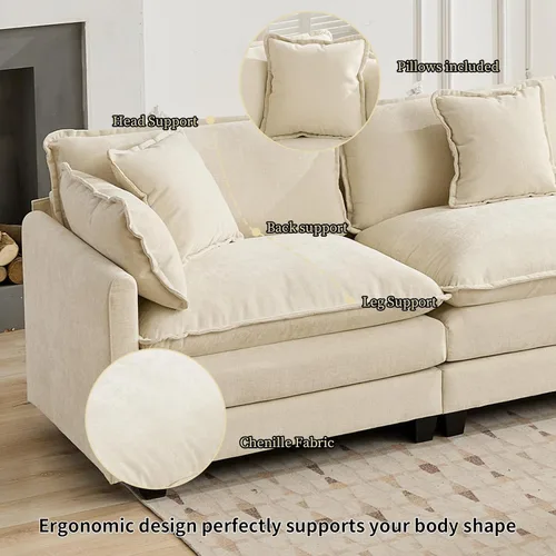 Miniatura 7 de Sofá seccional modular beige de 111.5", sofás seccionales grandes de 3 plazas para sala de estar, tela de chenilla marfil blanquecino, sofá nube