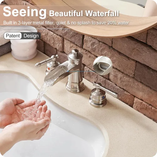Miniatura 2 de Grifo de baño generalizado de 4 a 16 pulgadas de níquel cepillado, grifo de cascada de latón para fregadero de baño, 2 asas con mangueras de agua