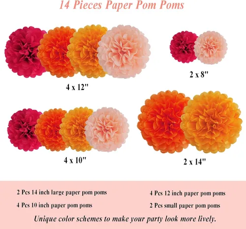 Miniatura 2 de Envibe Decoraciones de fiesta naranja – Pompones de papel de seda para novia, bebé, bodas y fiestas de cumpleaños – 34 piezas de decoración de boda