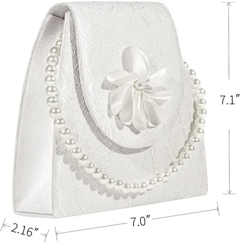 Miniatura 2 de Mulian LilY Bolso de embrague con asa superior de perla de satén de encaje floral de alta calidad con cadena desmontable flor boda bolsa nupcial