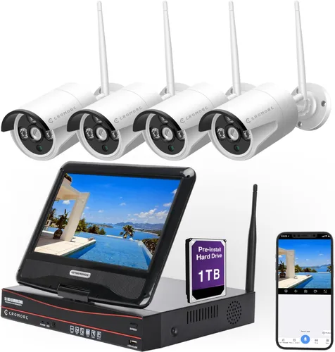 Sistema de cámara de seguridad inalámbrica expandible de 10 canales con monitor de 10.1" 4 piezas de cámara de 5 MP para interior y exterior audio