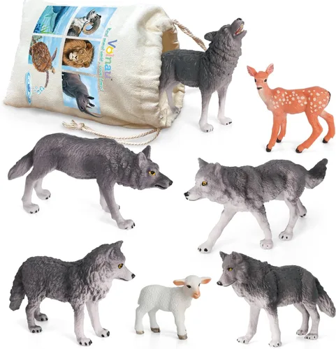 Volnau Juguetes de lobo figuras de animales, 7 piezas, paquete de figuras de zoológico para niños pequeños, decoración de Navidad, regalo preescolar