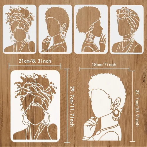 Miniatura 2 de FINGERINSPIRE 4 plantillas de pintura para niñas tribales africanas de belleza de 11.7 x 8.3 pulgadas, plantilla de silueta de cara de niña joven